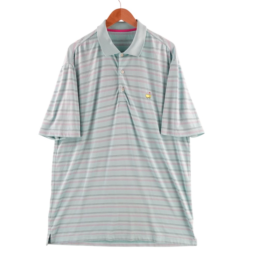 Masters‎ Tech Mens Size Large Golf Polo Shirt Green Pink Striped Short Sleeve